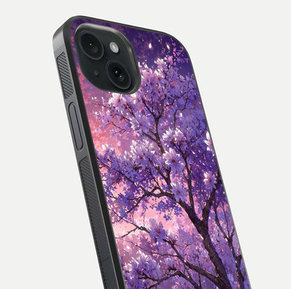 Blossom Tree Glass Case for iPhone 15 close-up image highlighting tree branches, blossoms, and shine