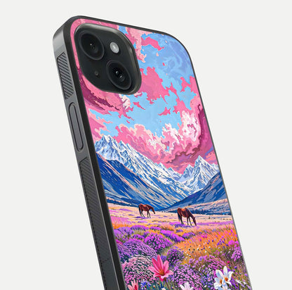 Blossom Valley Dream Glass Case for iPhone 15 close-up view showing detailed flower print and pastel hues