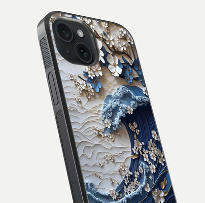 Blossom Wave Art Glass Case for iPhone 15 close-up shot highlighting wave motion in floral art and reflection
