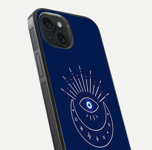 Blue Evil Eye Glass Case for iPhone 15 close-up shot highlighting eye motif, protection symbol, and glass shine