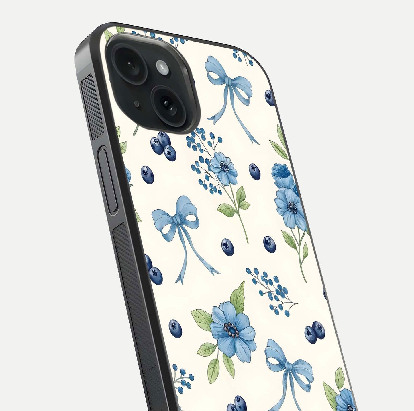 Blue Flower & Bow Glass Case for iPhone 15 close-up shot highlighting ribbon detail and flower gloss finish