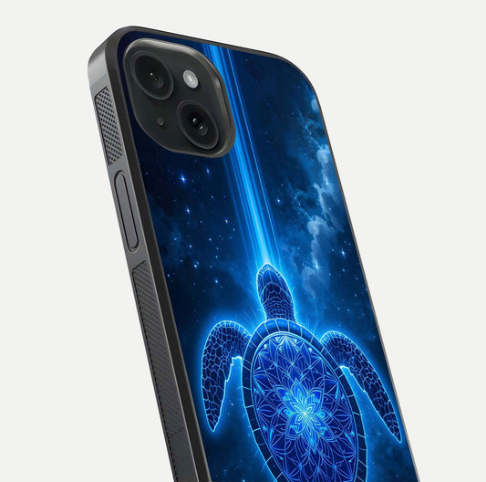 Blue Galaxy Turtle Glass Case for iPhone 15 close-up image showing turtle shell detail and glowing galaxy tones
