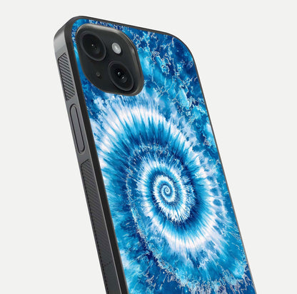 Blue Galaxy Wave Glass Case for iPhone 15 close-up highlighting fluid wave motion and deep-blue reflection