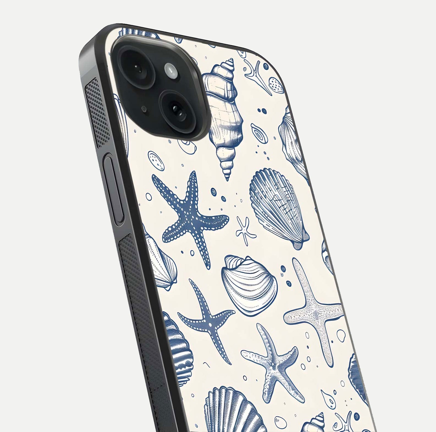 Blue Ocean Outline Glass Case for iPhone 15 close-up shot highlighting line art details and reflection texture
