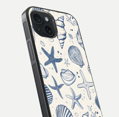 Blue Ocean Outline Glass Case for iPhone 15 close-up shot highlighting line art details and reflection texture