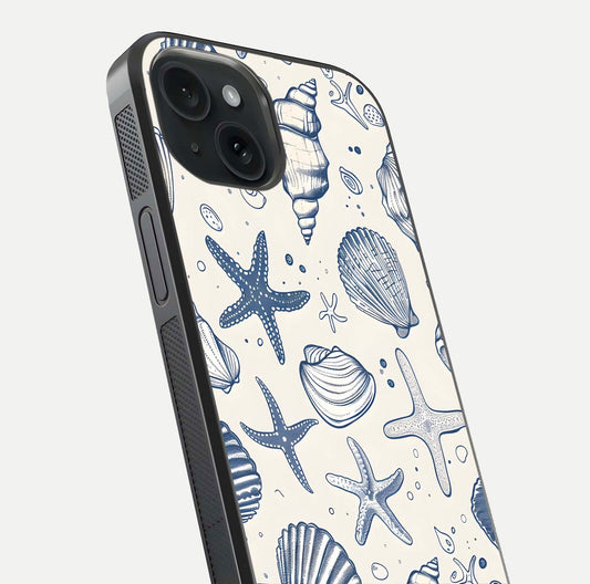 Blue Ocean Outline Glass Case for iPhone 15 close-up shot highlighting line art details and reflection texture