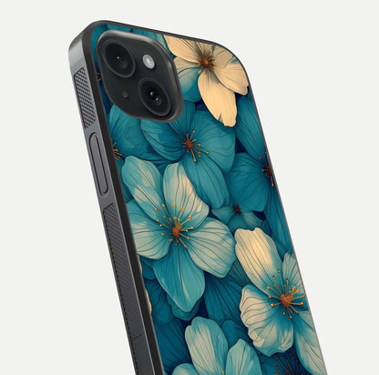 Blue Shade Floral Glass Case for iPhone 15 close-up angle showing flower print precision and reflection