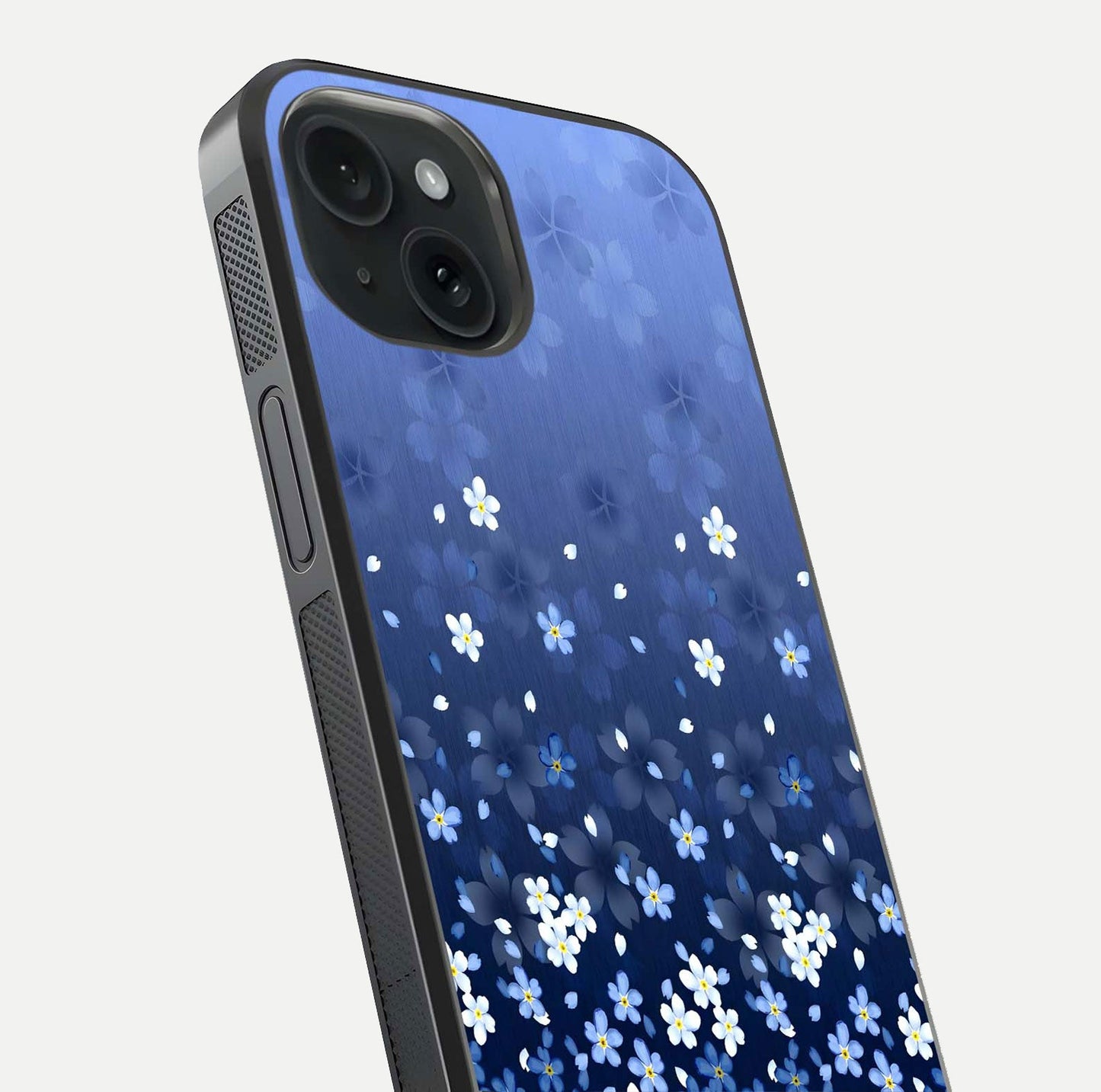 Blue Starry Glass Case for iPhone 15 close-up image highlighting sparkle details and midnight blue gradient
