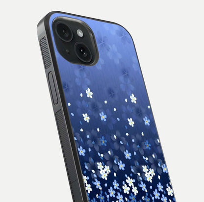 Blue Starry Glass Case for iPhone 15 close-up image highlighting sparkle details and midnight blue gradient