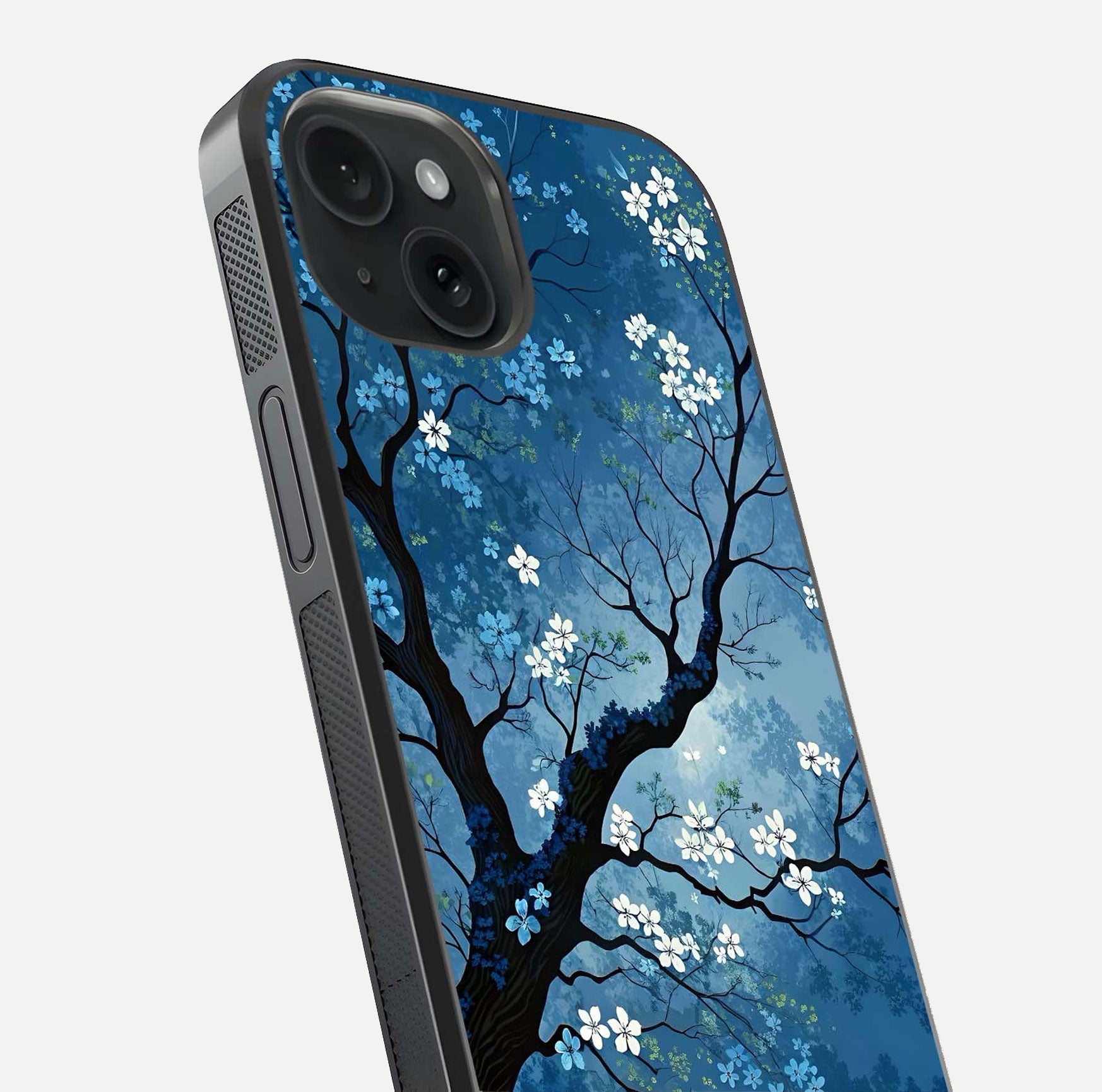 Blue Tree Serenity Glass Case for iPhone 15 close-up view highlighting tree branches and reflection gloss