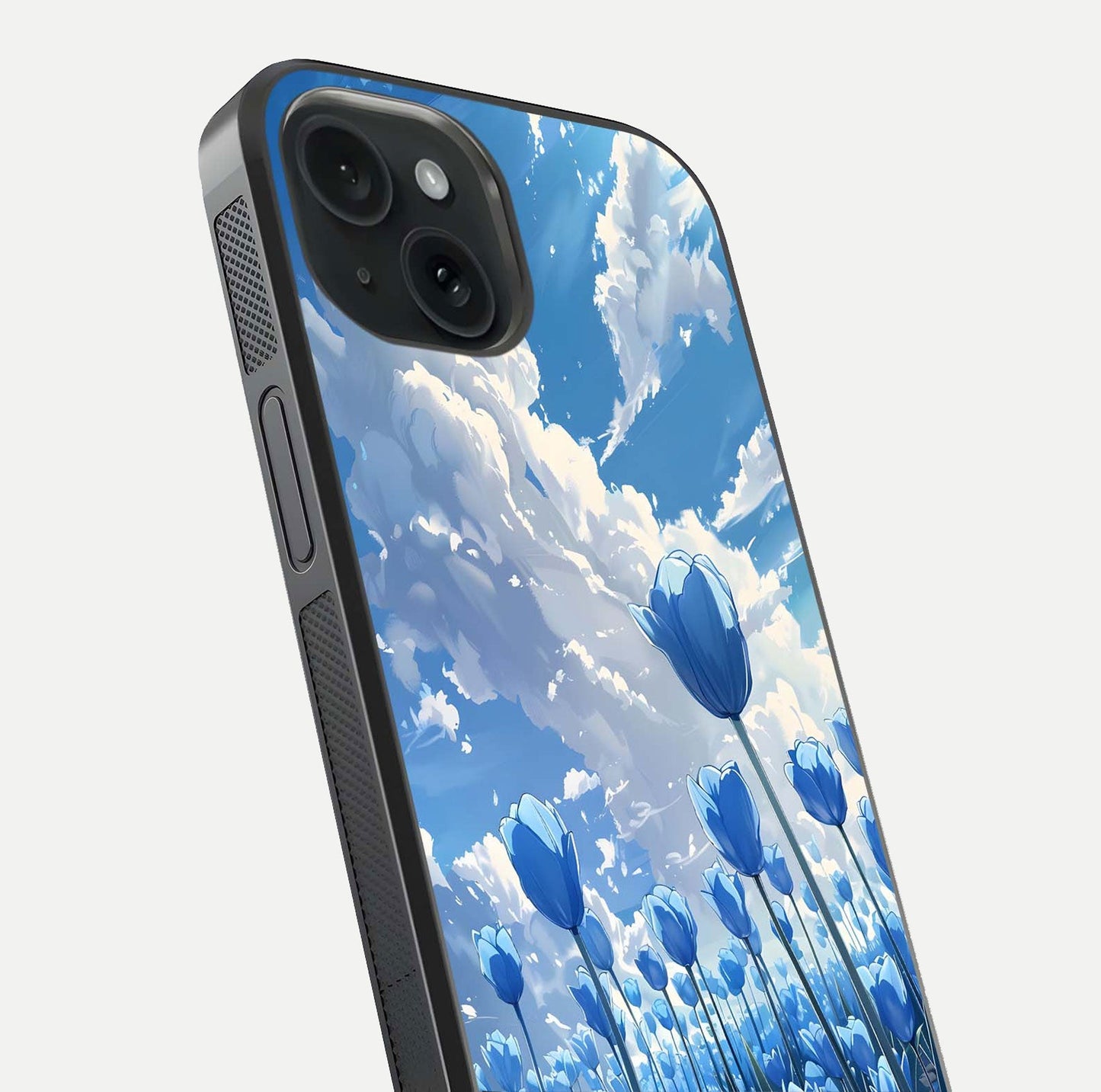Blue Tulip Clouds Glass Case for iPhone 15 close-up image highlighting tulip petals, clouds, and reflection texture