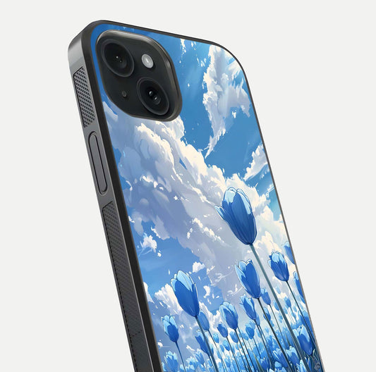 Blue Tulip Clouds Glass Case for iPhone 15 close-up image highlighting tulip petals, clouds, and reflection texture