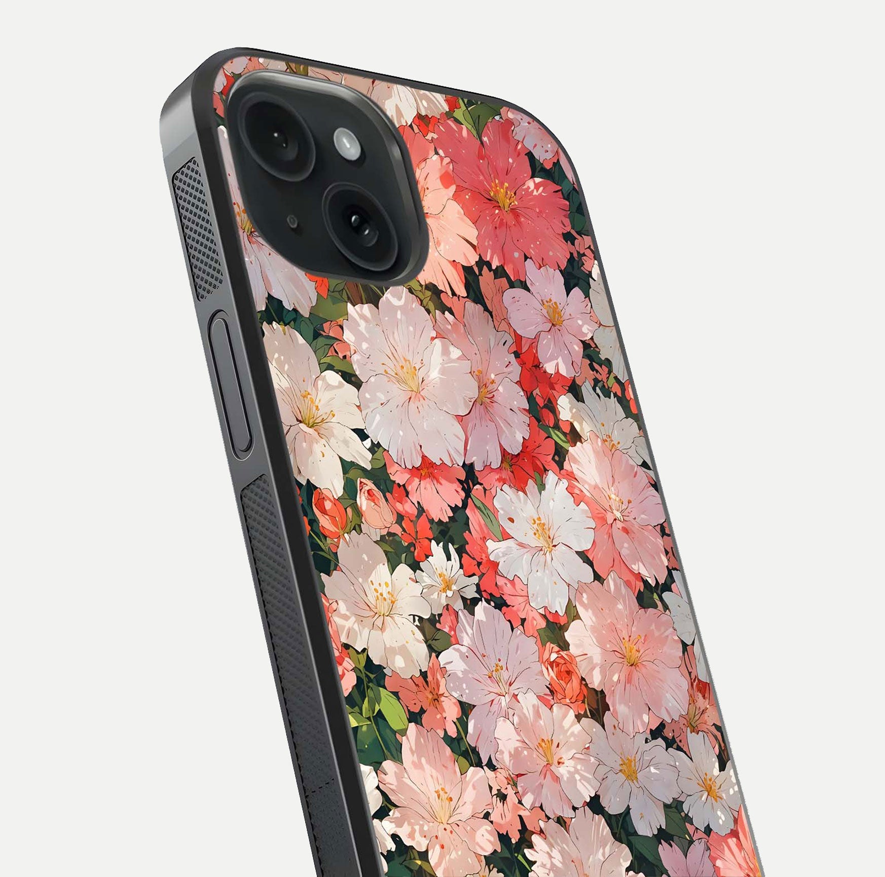 Blush Bloom Field Glass Case for iPhone 15 close-up shot capturing pastel flower field tones and gloss shine