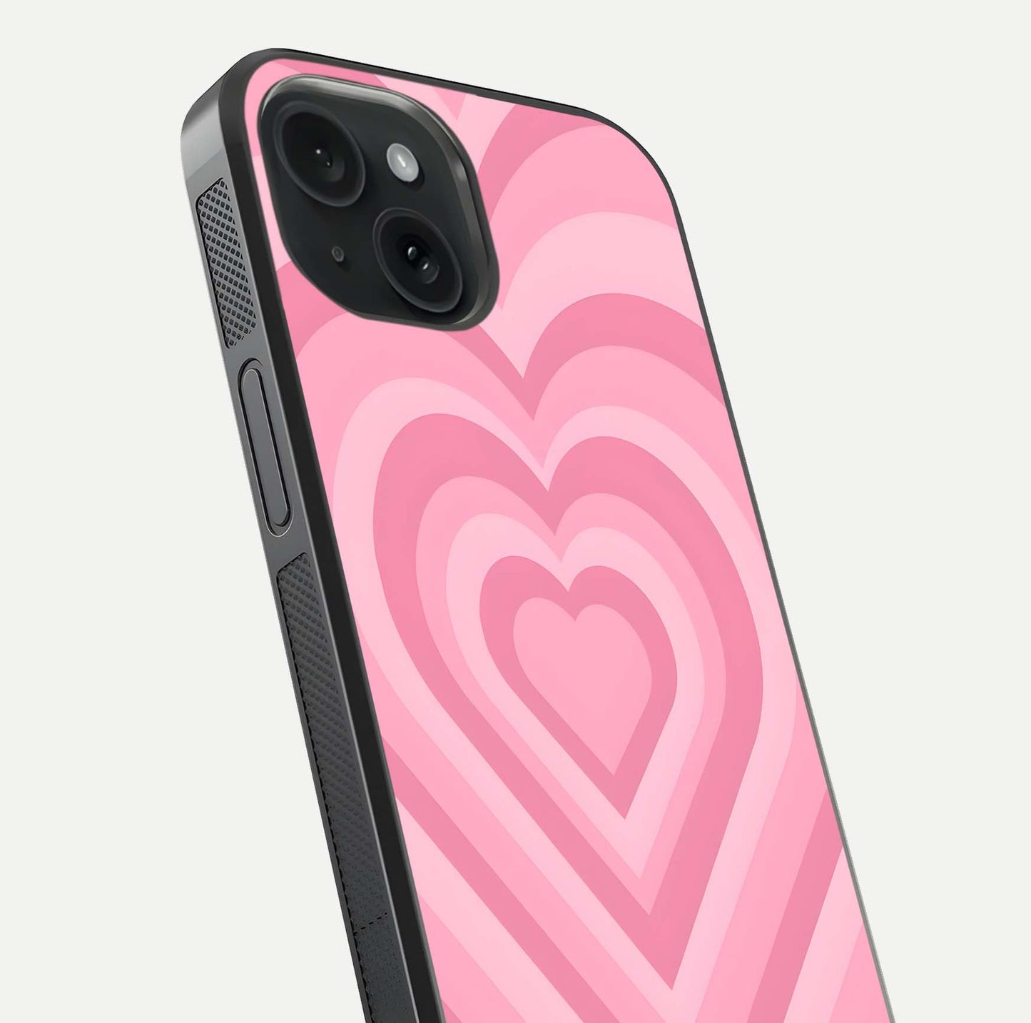 Blush Heart Waves iPhone 15  glass phone case angled back view highlighting romantic heart wave artwork and grip texture