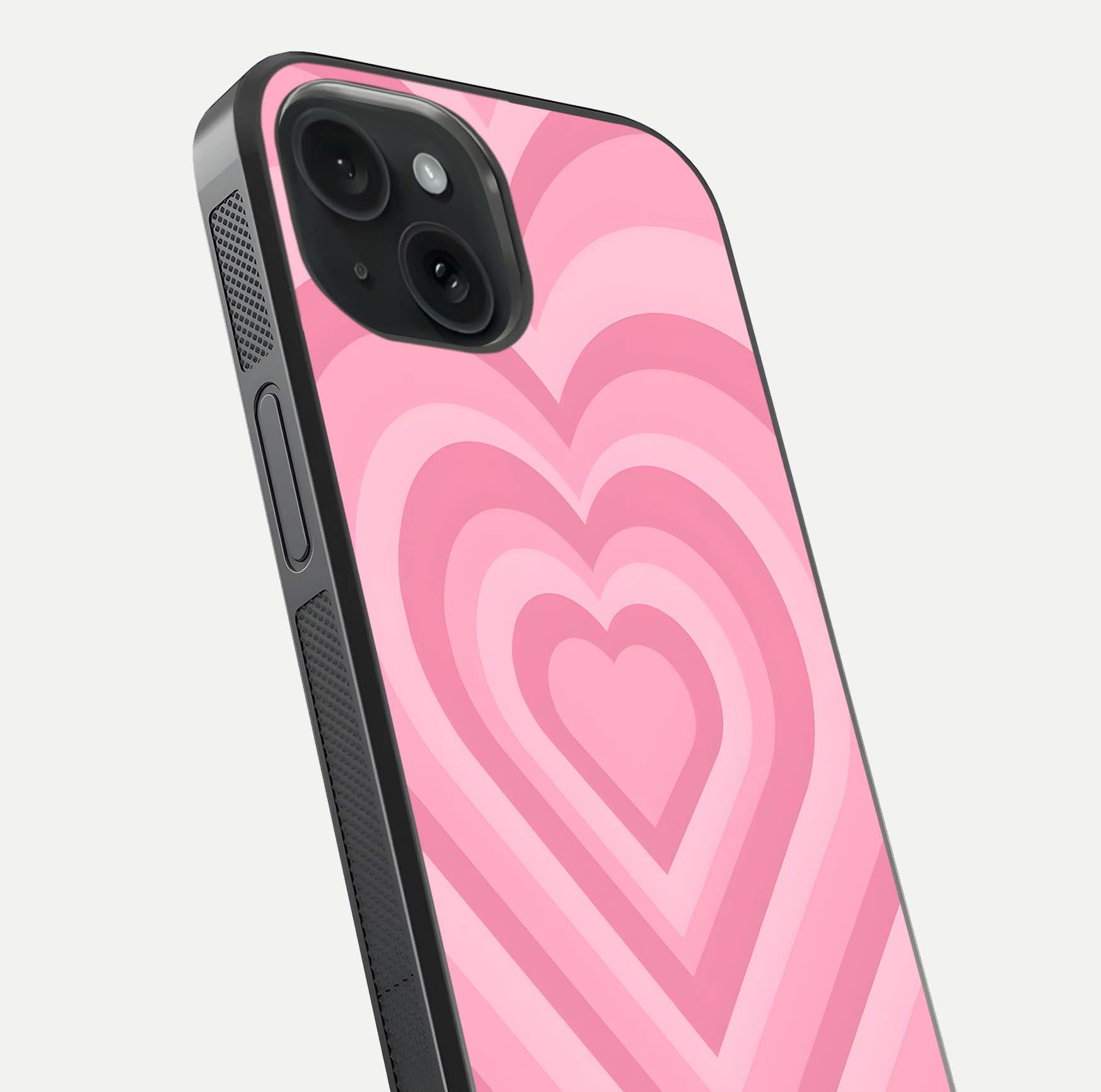Blush Heart Waves iPhone 15  glass phone case angled back view highlighting romantic heart wave artwork and grip texture