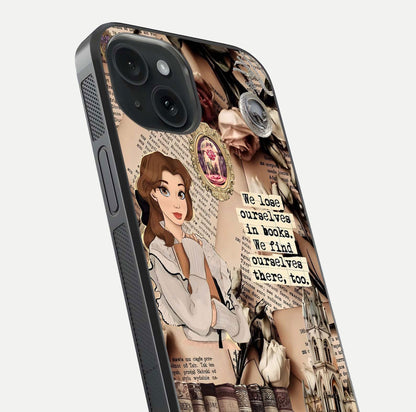 Bookish Dream World Glass Case for iPhone 15 close-up shot highlighting book elements and reflection gloss