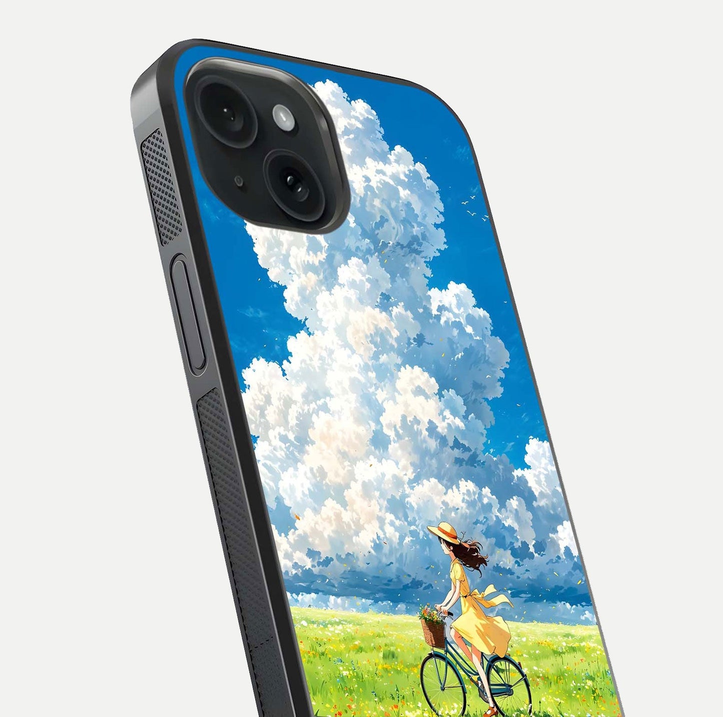 Breezy Meadow Ride Glass Case for iPhone 15 close-up shot showing flowers and breezy motion texture