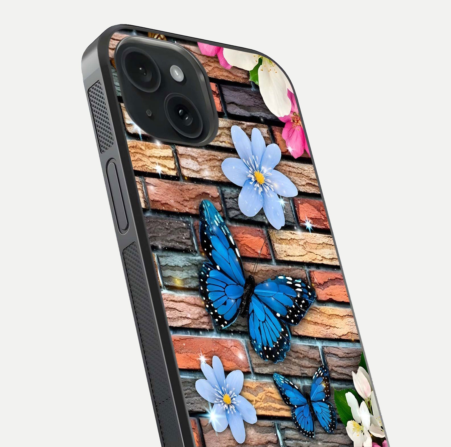 Brick Bloom Flight Glass Case for iPhone 15 close-up angle highlighting flower clusters and reflection detail