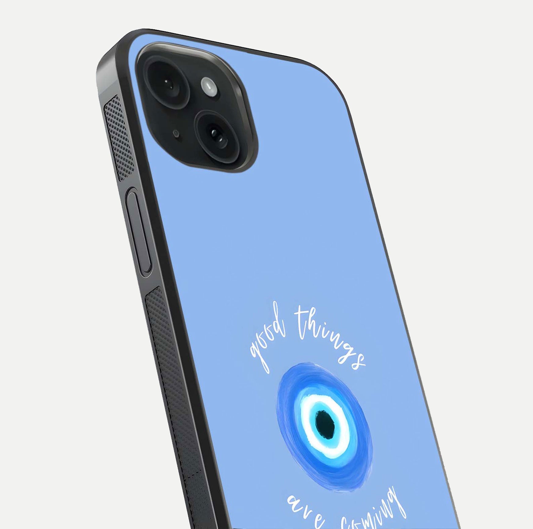 Bright Future Ahead Glass Case for iPhone 15 close-up image highlighting bold quote text and HD reflection