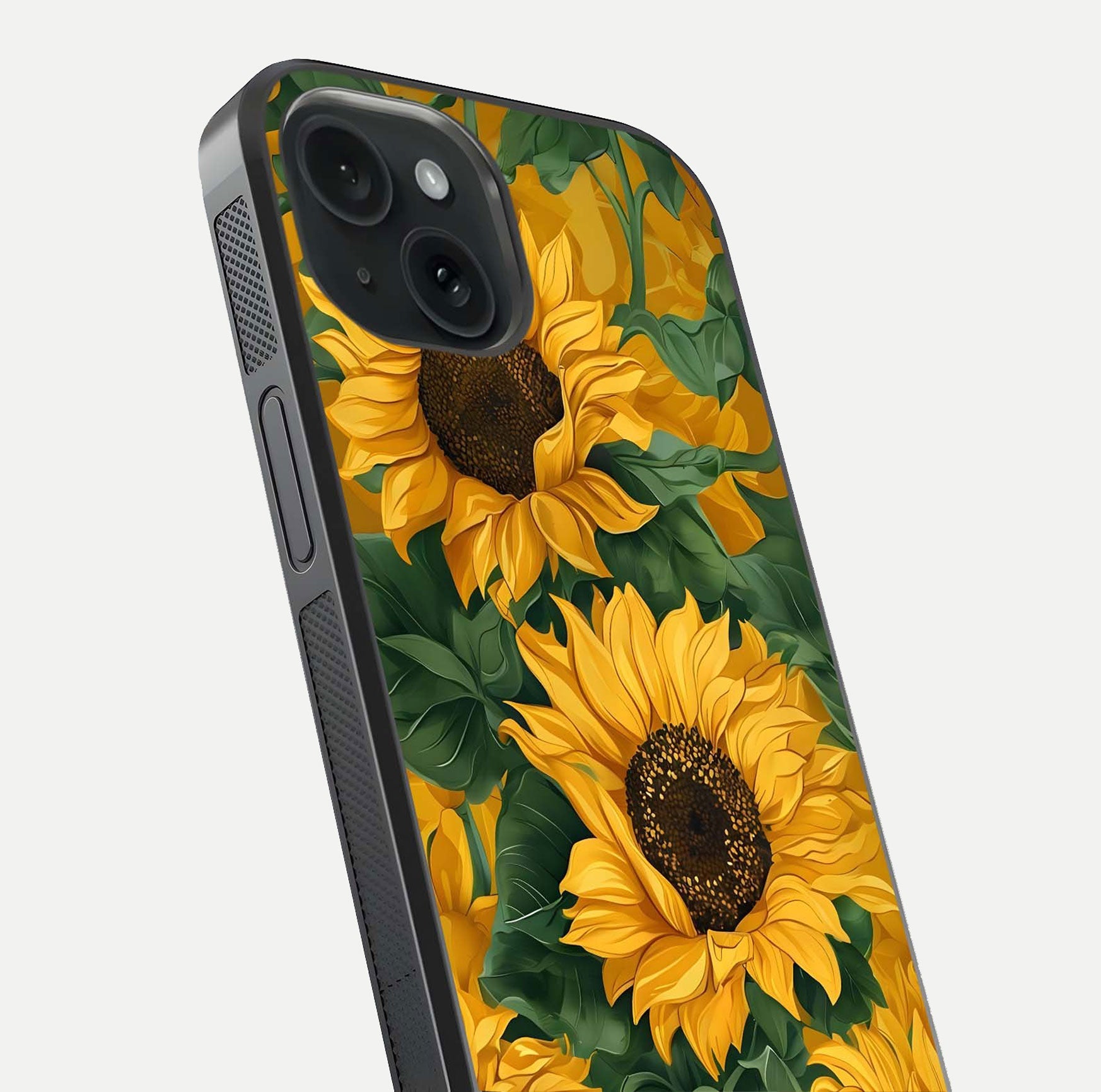 Bright Sunflower Bloom Glass Case for iPhone 15 close-up image highlighting yellow petal detail and HD reflection