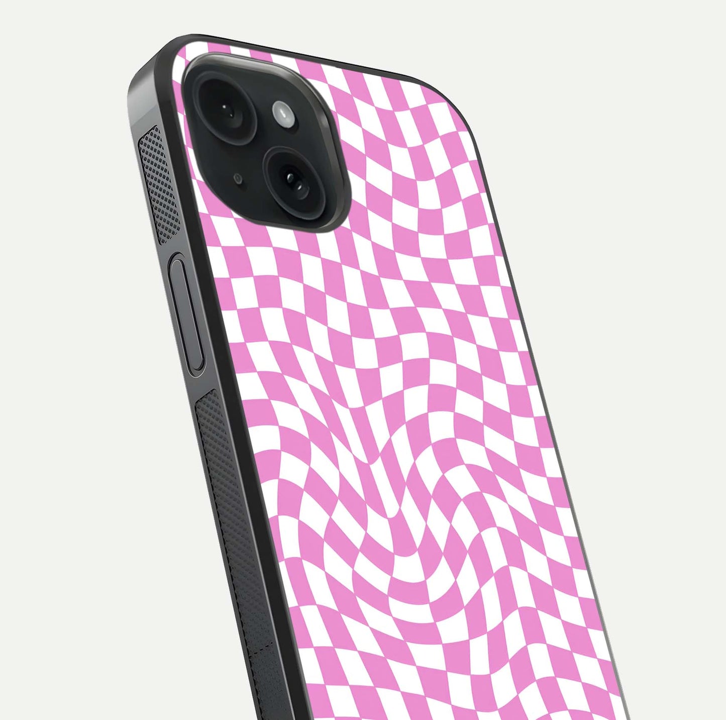 Bubblegum Check Wave iPhone 15  glass phone case angled back view highlighting check wave artwork and side grip texture