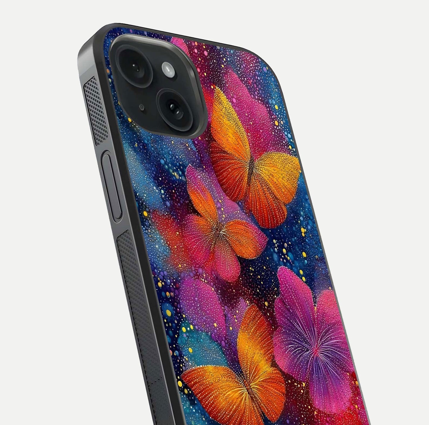 Butterfly Dream Mist Glass Case for iPhone 15 close-up capturing wing pattern detail and glossy finish texture