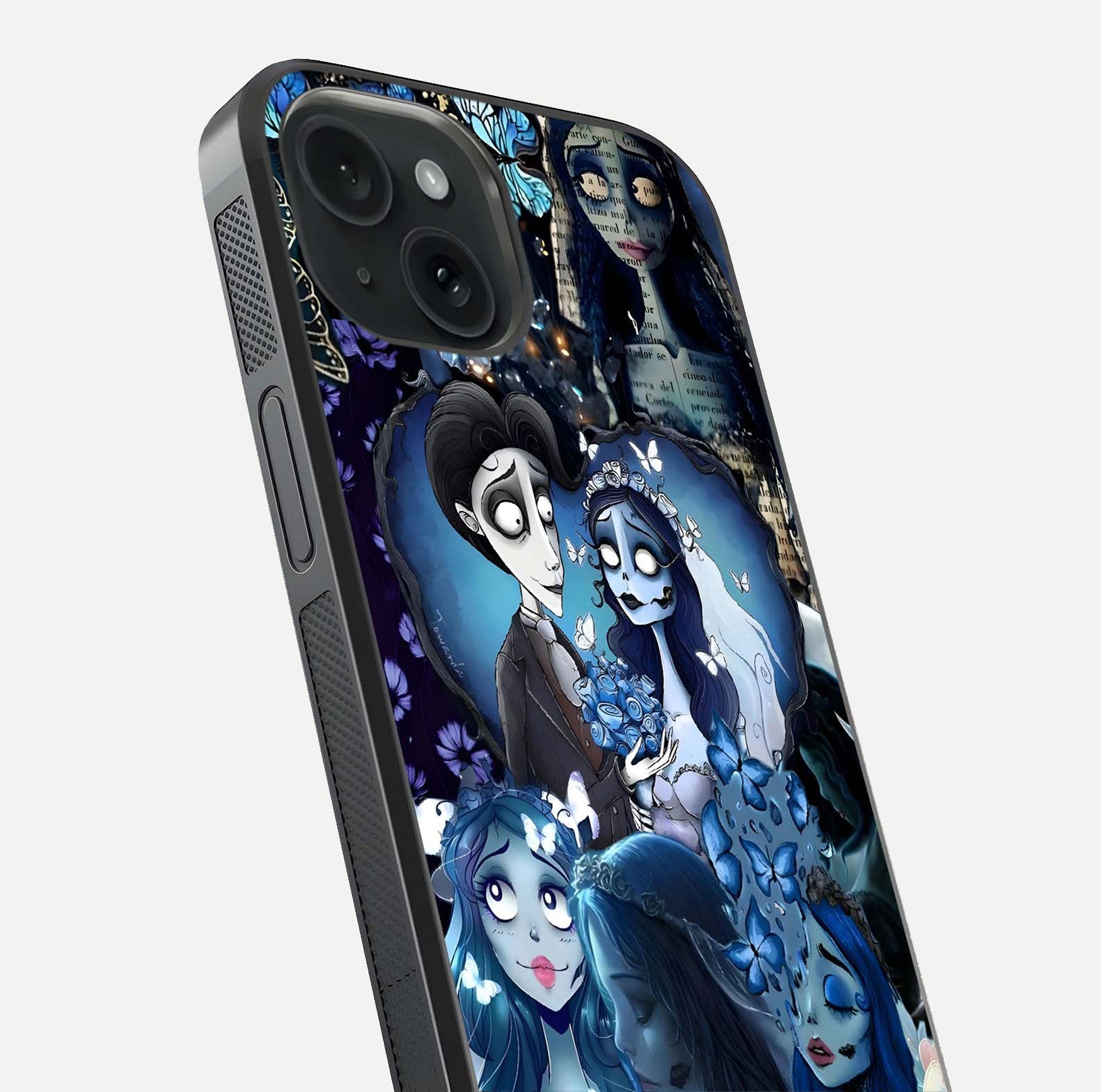 Butterfly Ghost Soul Glass Case for iPhone 15 close-up shot showing ethereal wing patterns and reflection