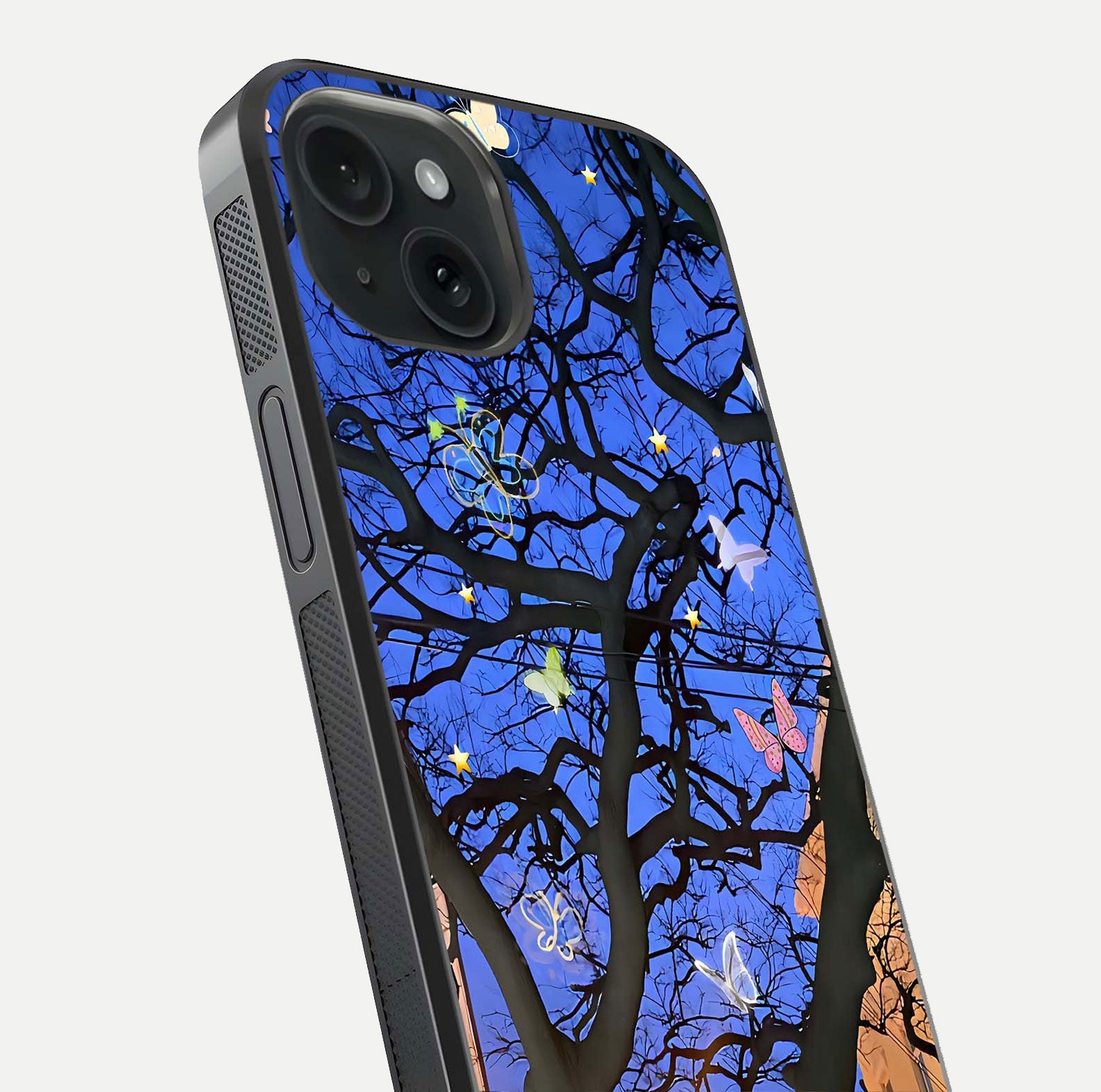 Butterfly Night Magic Glass Case for iPhone 15 close-up highlighting wings reflection and gloss shimmer
