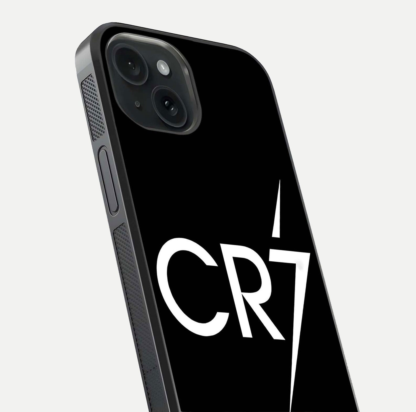 CR7 Elite Strike Glass Case for iPhone 15 close-up highlighting CR7 artwork and shine reflection
