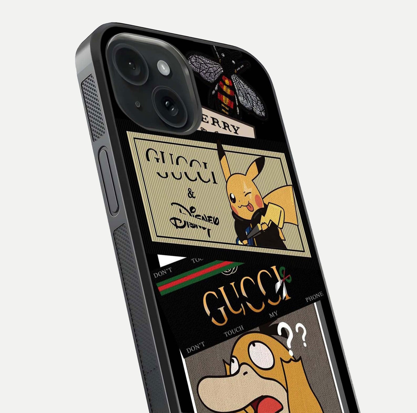 Cartoon Brand Play Mashup Glass Case for iPhone 15 close-up angled shot showing character details and vibrant tones