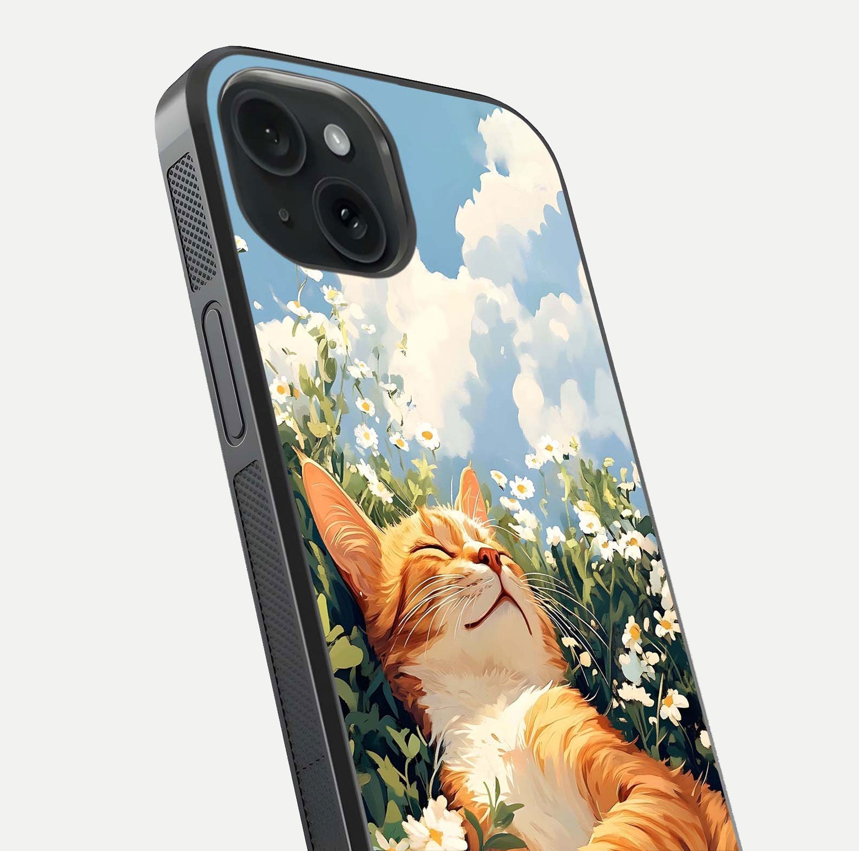 Cat & Flowers View Glass Case for iPhone 15 close-up view highlighting cat expression and petal detail