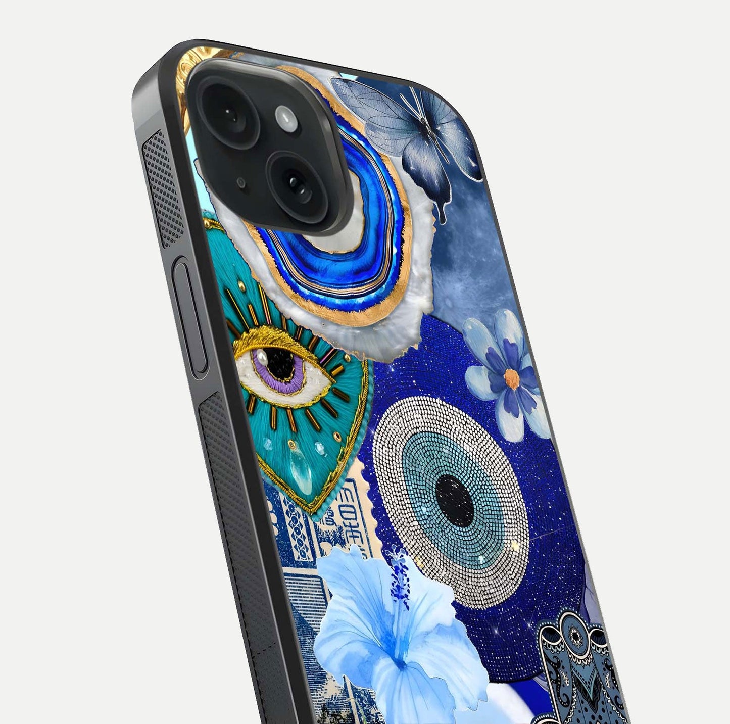 Celestial Blue Vision Glass Case for iPhone 15 close-up shot highlighting reflection details and smooth edge polish