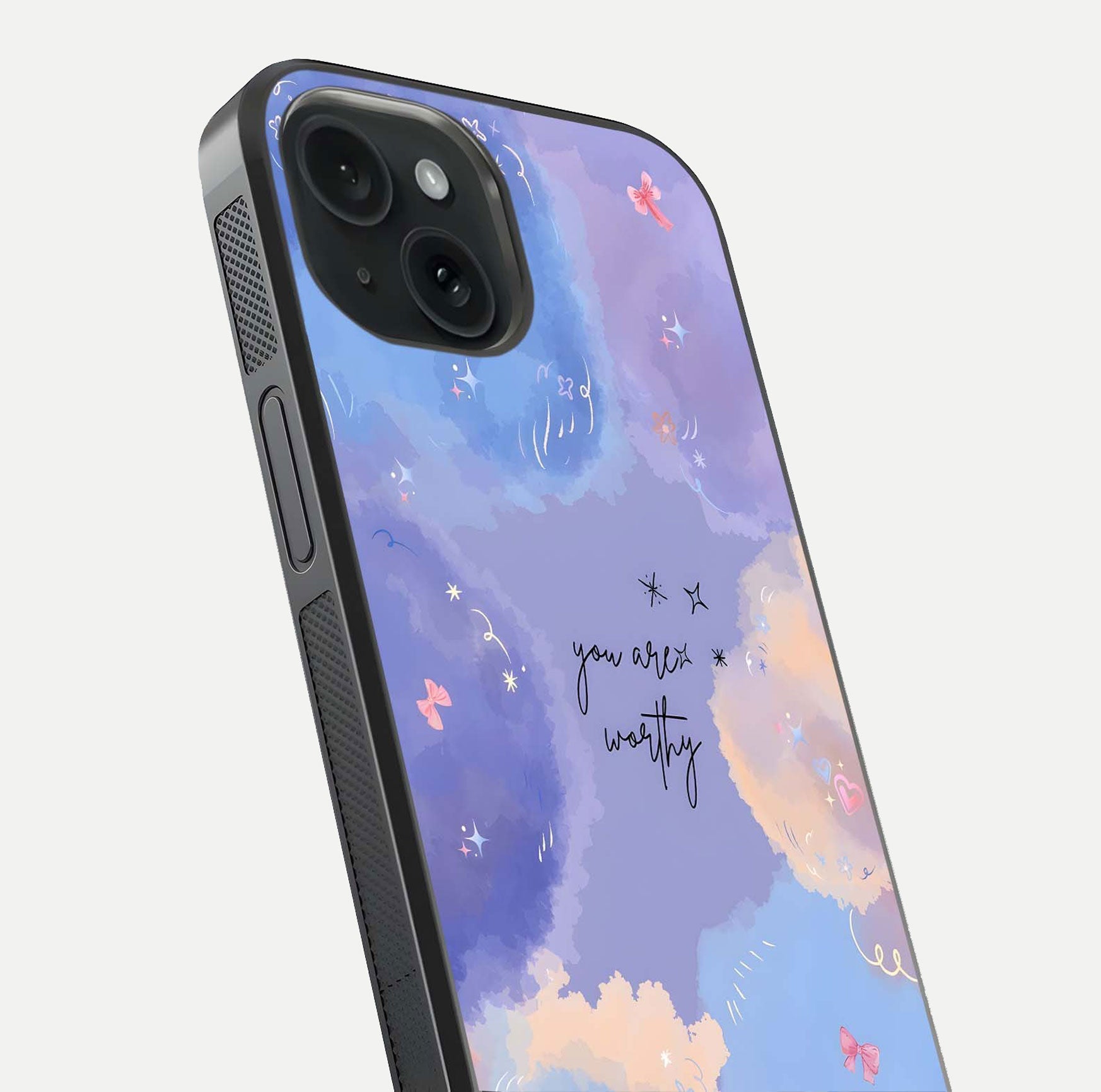 Celestial Cloud Magic Glass Case for iPhone 15 close-up highlighting smooth gradient and gloss surface
