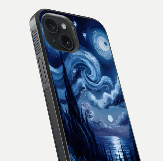 Celestial Dream Van Gogh Glass Case for iPhone 15 close-up view capturing vivid brush details and star reflection