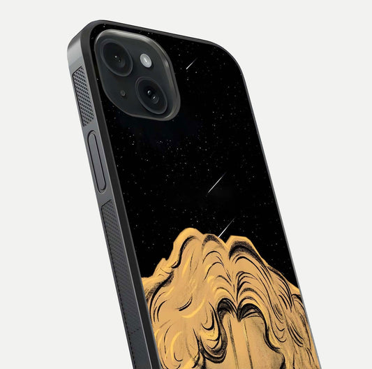 Celestial God’s Plan Glass Case for iPhone 15 close-up angled shot highlighting celestial details and reflection