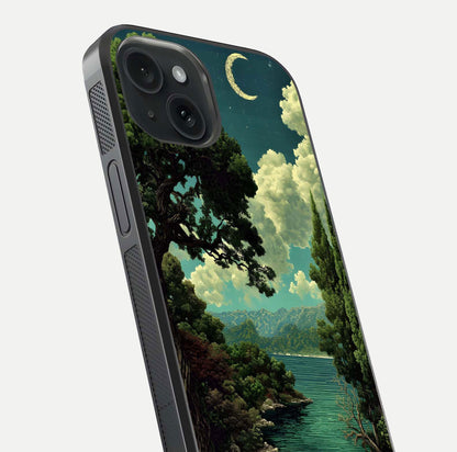 Celestial Lake Peace Glass Case for iPhone 15 close-up highlighting moon reflection and glossy texture