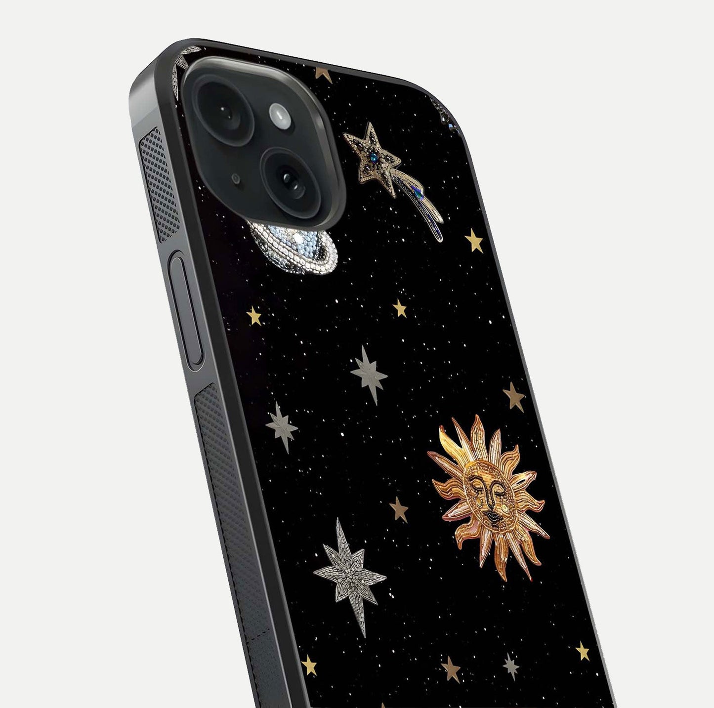 Celestial Moon With Stars Glass Case for iPhone 15 close-up showing cosmic reflection and HD shine