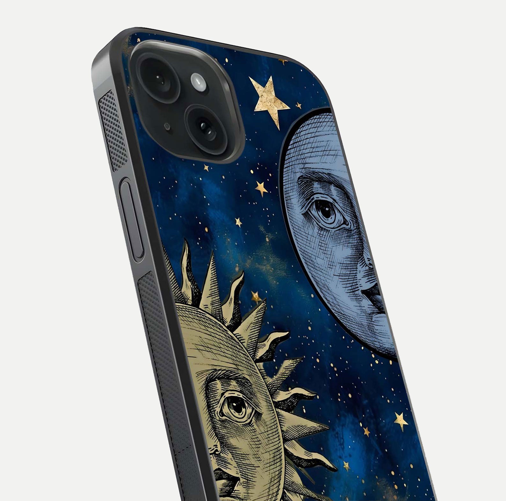 Celestial Moon With Sun Glass Case for iPhone 15 close-up highlighting fine celestial detail and polish reflection