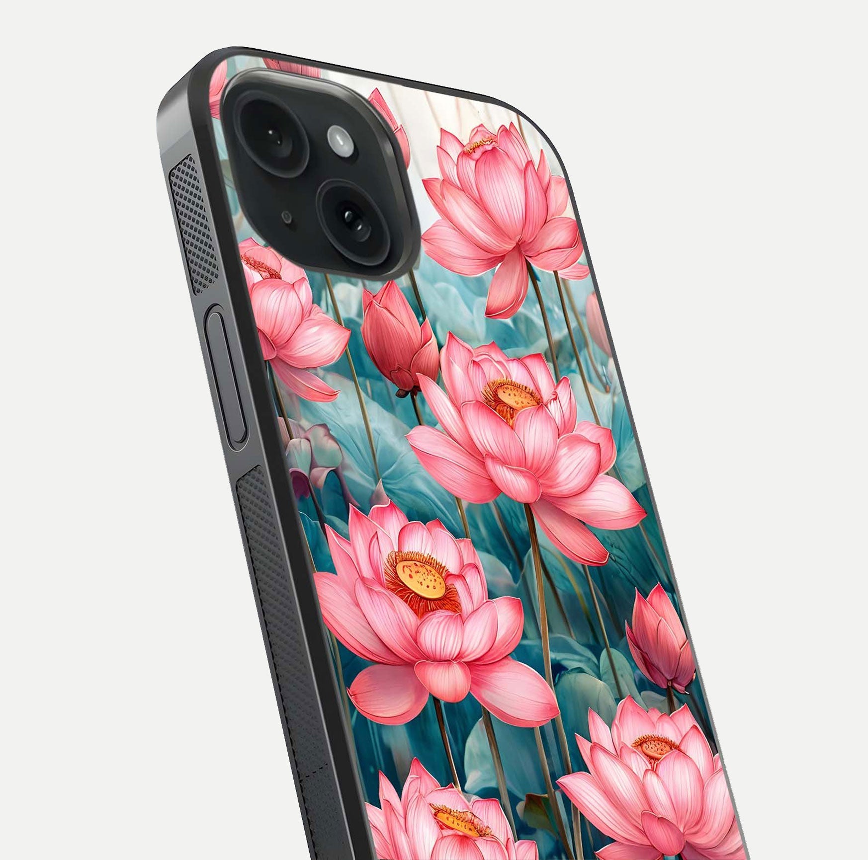 Celestial Pink Lotus Glass Case for iPhone 15 close-up highlighting petal detail and HD glass reflection