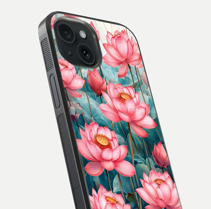Celestial Pink Lotus Glass Case for iPhone 15 close-up highlighting petal detail and HD glass reflection