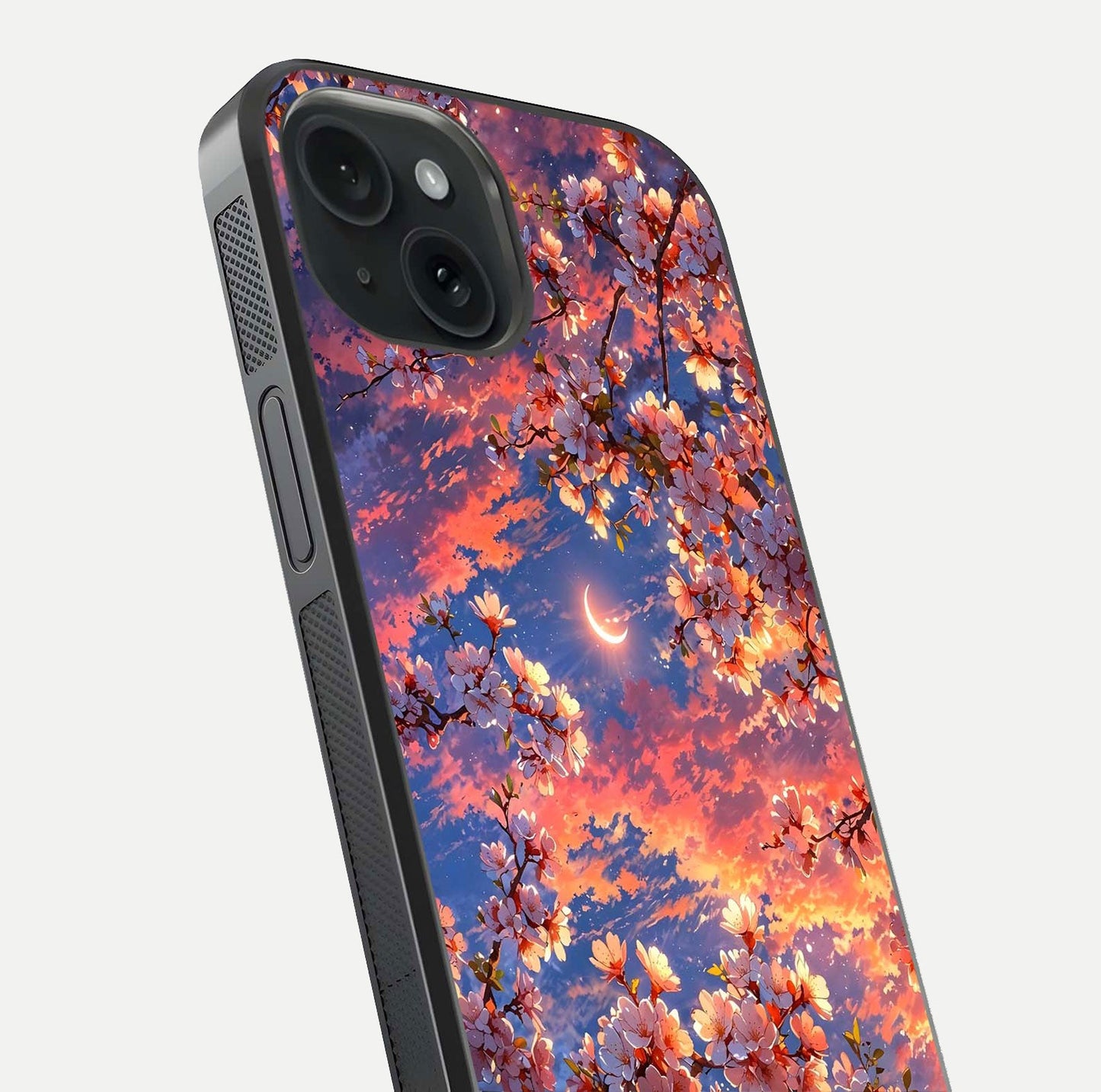 Celestial Sakura Sunset Glass Case for iPhone 15 close-up image highlighting blossom petals and gloss shine