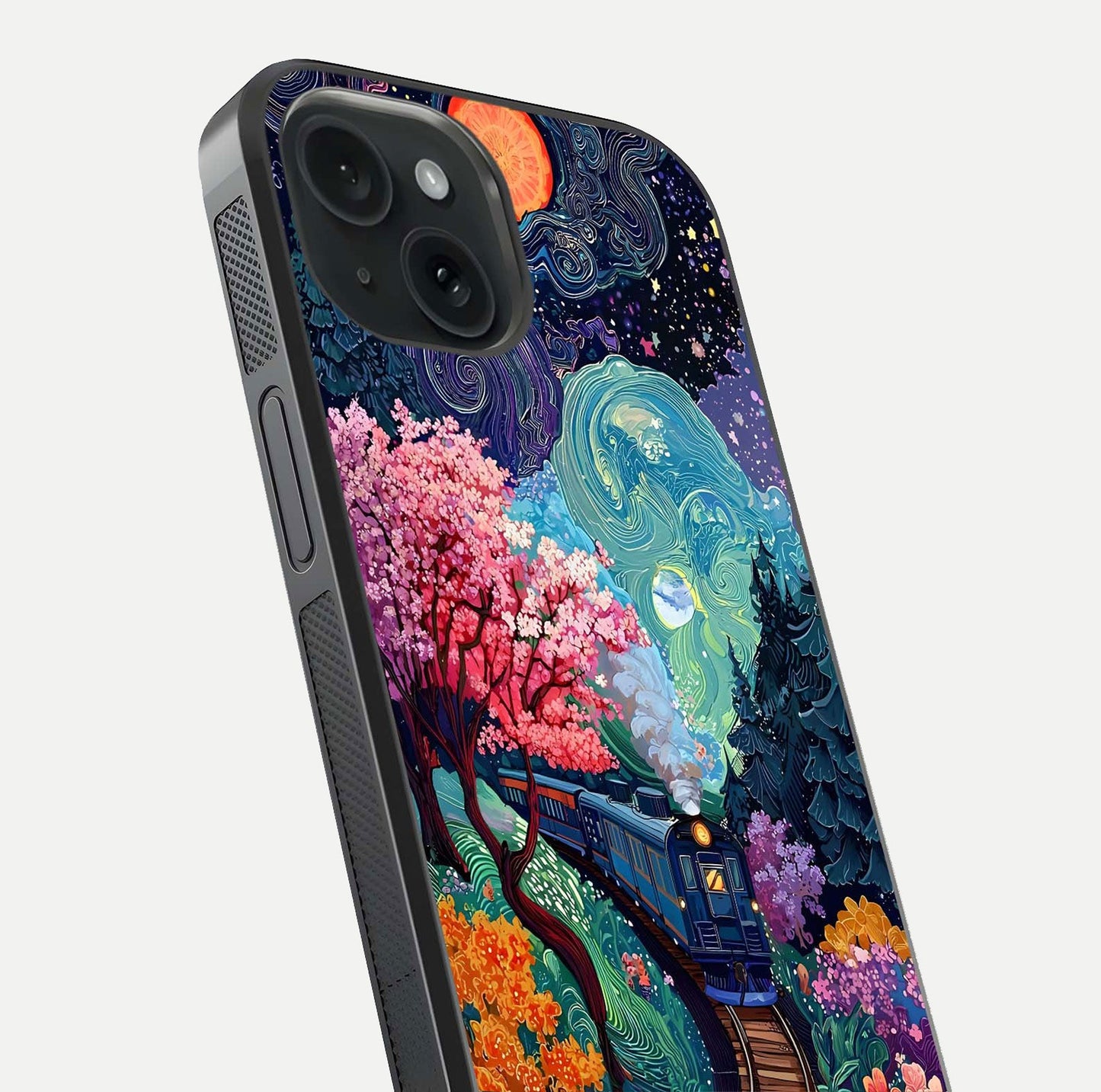 Celestial Train Journey Glass Case for iPhone 15 close-up highlighting train lights, cosmic tones, and reflection detail