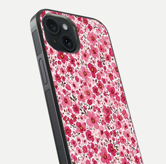 Cherry Blossom Charm Glass Case for iPhone 15 close-up highlighting petal gradient and reflection shine