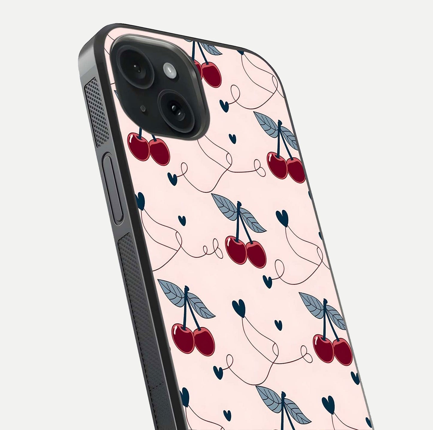 Cherry Heart Line Glass Case for iPhone 15 close-up showing heart outline and HD reflection gloss