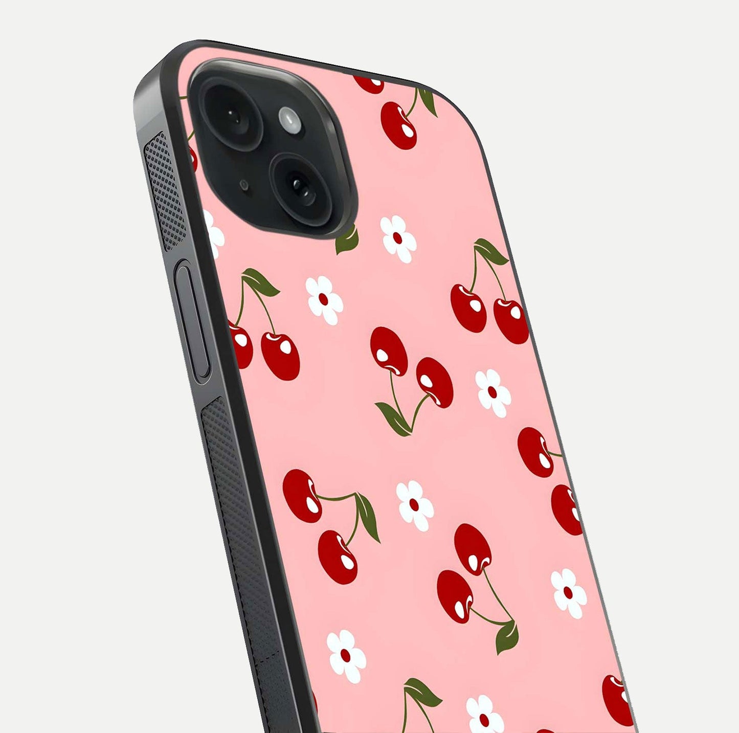 Cherry Love Mood Glass Case for iPhone 15 close-up highlighting cherry heart pattern and reflection shine