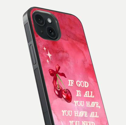 Cherry Quote Glass Case for iPhone 15 close-up showing printed quote detail and HD reflection gloss