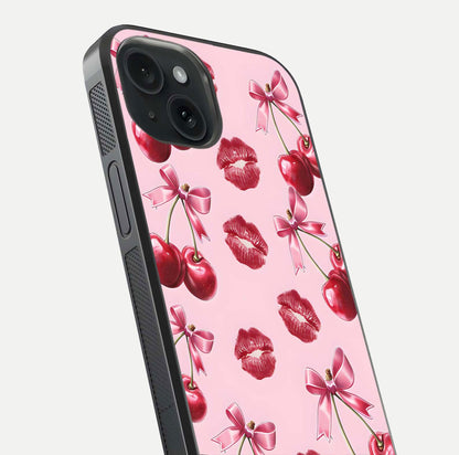 Cherry With Lips Glass Case for iPhone 15 close-up view highlighting lips texture and reflection shine