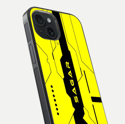 Circuit CYBERPUNK Custom Name Glass Case for iPhone 15 close-up highlighting neon lines, futuristic tones, and gloss reflection