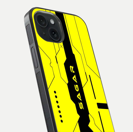 Circuit CYBERPUNK Custom Name Glass Case for iPhone 15 close-up highlighting neon lines, futuristic tones, and gloss reflection