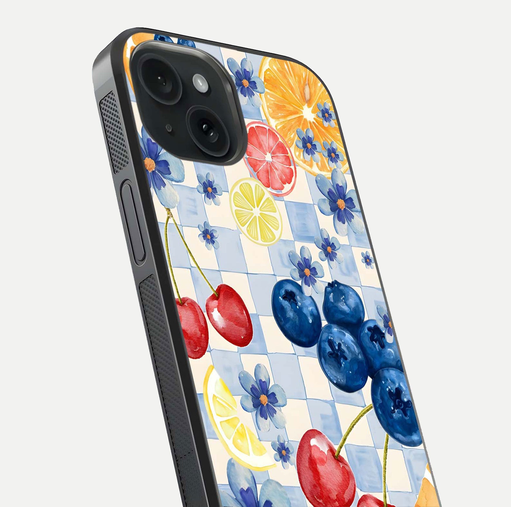 Citrus Bloom Joy Glass Case for iPhone 15 close-up highlighting orange blossoms and reflection detail